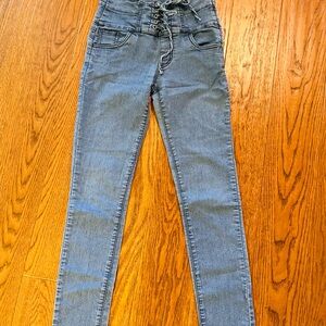 Ing High Waist Lace-Up Denim Jeans‎